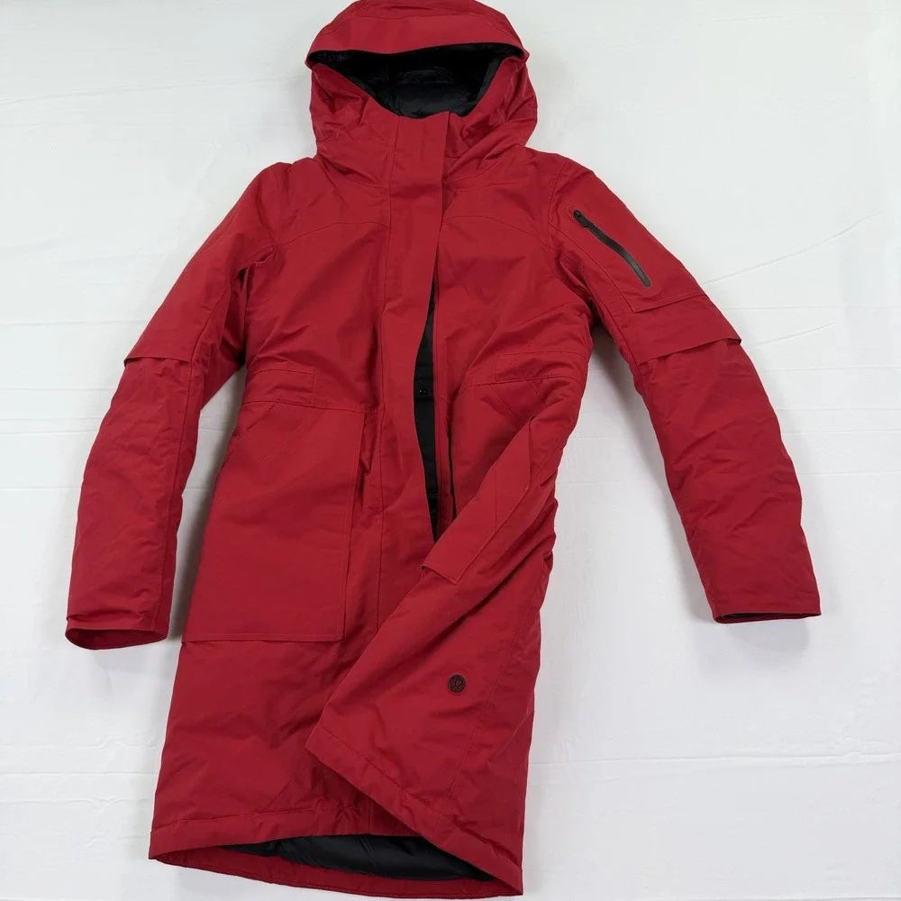 Lululemon Red Goose Down Long Hooded Winter Parka Coat Women's Size 6